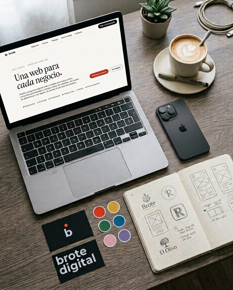 Escritorio de Brote Digital con la web en el portátil, tarjetas de visita y pegatinas de colores